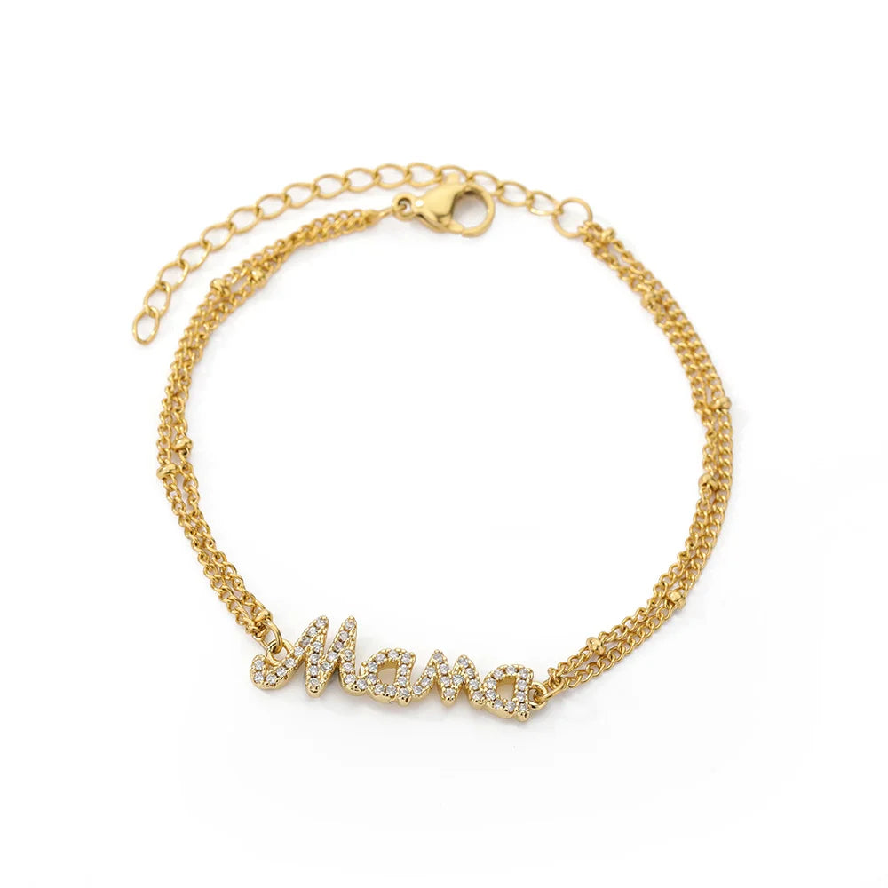 Zircon Letter Mama Bracelets For Women Stainless Steel Double Bead Link Chain Family Love Bracelet Femme Mother Jewelry Gift