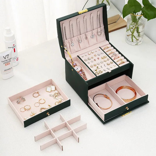 Luxury 3-Layer Leather Jewelry Box with Lock & Drawersâ„¢