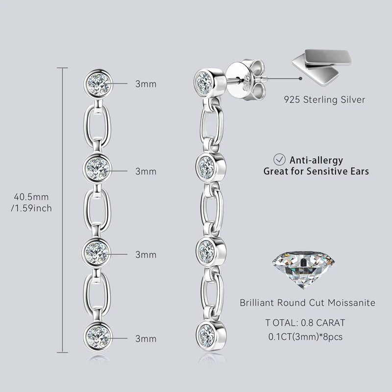 925 Sterling Silver 3mm Bezel Moissanite Long Tassel Drop Earrings