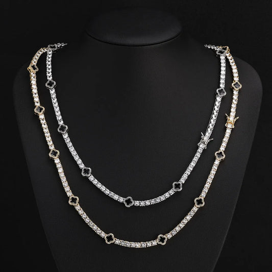 Hip Hop Ice Flower Tennis Clavicle Necklace New Cube Zirconia Brass