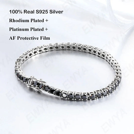 Mens Sterling Silver Bracelets - Real 3/4/5/6.5MM Full Black Moissanite Tennis Bracelet for Women Men S925 Silver Link Bracelets Fine Jewelry