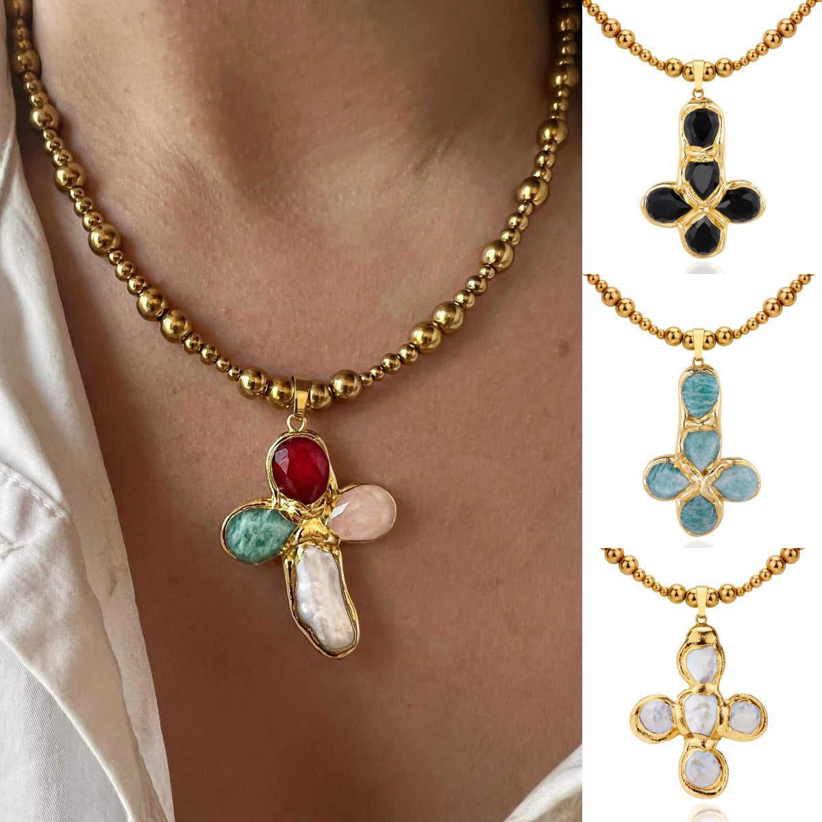 Titanium Steel Goose Soft Stone Cross Zircon Pendant Necklace I