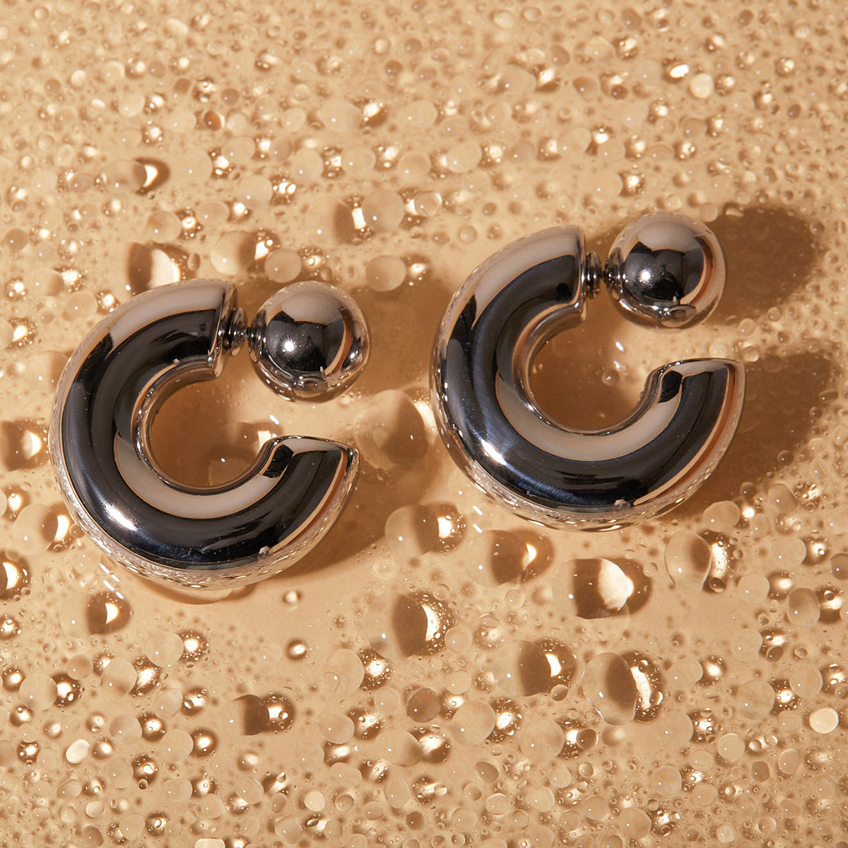 Adiffu 16K Gold Stainless Steel Front And Rear C-shaped Earrings