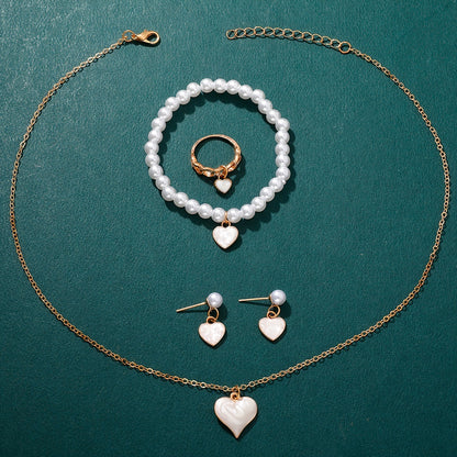 Girls Jewelry Cute All-match Oil Drop Heart Necklace Earrings Ring Bracelet Four-piece Set