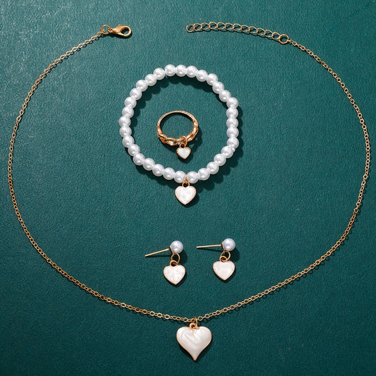 Girls Jewelry Cute All-match Oil Drop Heart Necklace Earrings Ring Bracelet Four-piece Set