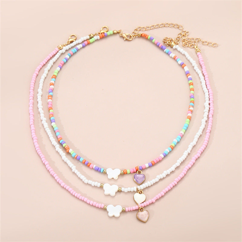 Girls Jewelry Oil Drop Butterfly Pendant Handmade Beaded Necklace Set