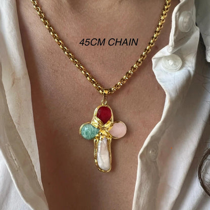 Titanium Steel Goose Soft Stone Cross Zircon Pendant Necklace I