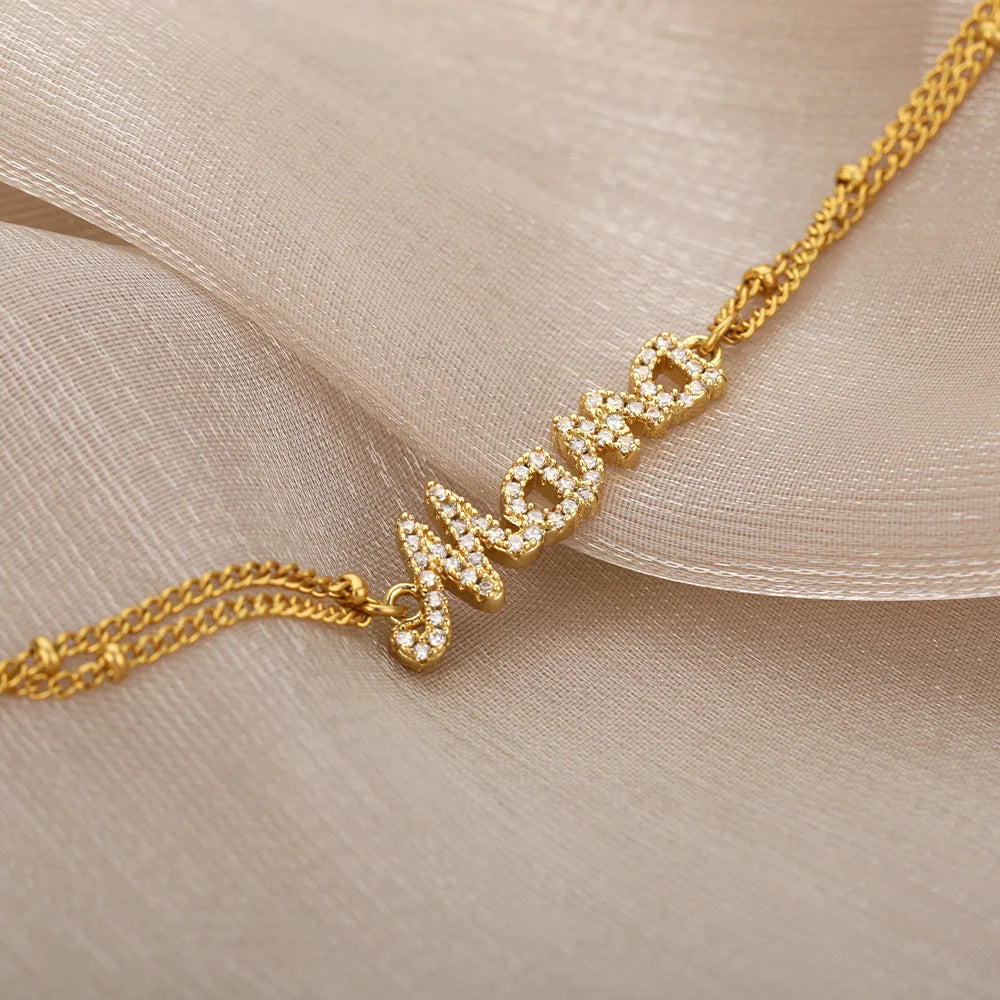 Zircon Letter Mama Bracelets For Women Stainless Steel Double Bead Link Chain Family Love Bracelet Femme Mother Jewelry Gift