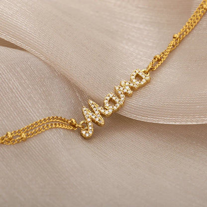 Zircon Letter Mama Bracelets For Women Stainless Steel Double Bead Link Chain Family Love Bracelet Femme Mother Jewelry Gift