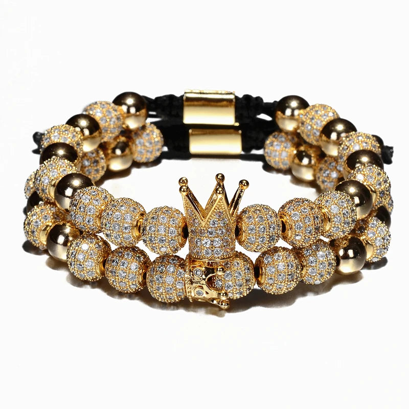 Luxury Crown Charm Men Bracelets 8mm Micro Pave CZ Round Braided Macrame Bracelet Pulseira Feminina Handmade Jewelry Women Gift
