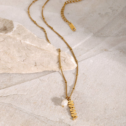 18K Gold Stainless Steel Mother's Day MAMA Letter Hanging Freshwater Pearl
