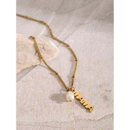18K Gold Stainless Steel Mother's Day MAMA Letter Hanging Freshwater Pearl