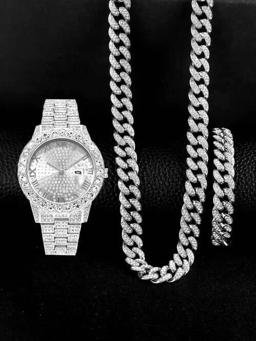 3PCS luxury alloy full diamond rhinestone mirror men's quartz watch