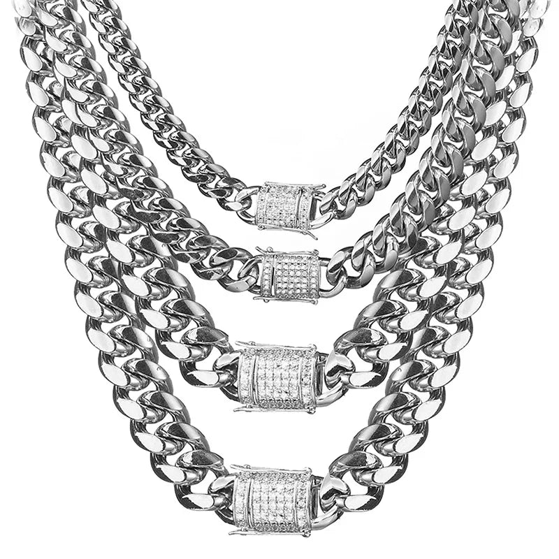 6-18mm wide Stainless Steel Cuban Miami Chains Necklaces CZ Zircon Box Lock Big Heavy Link Chain for Men Hip Hop Rapper jewelry