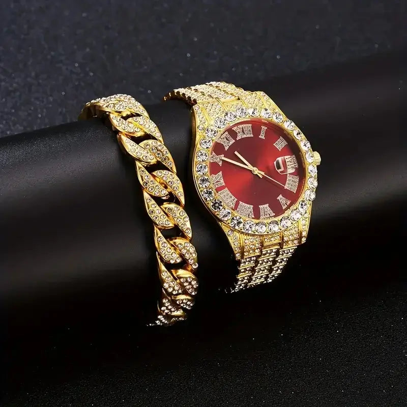 3PCS luxury alloy full diamond rhinestone mirror men's quartz watch
