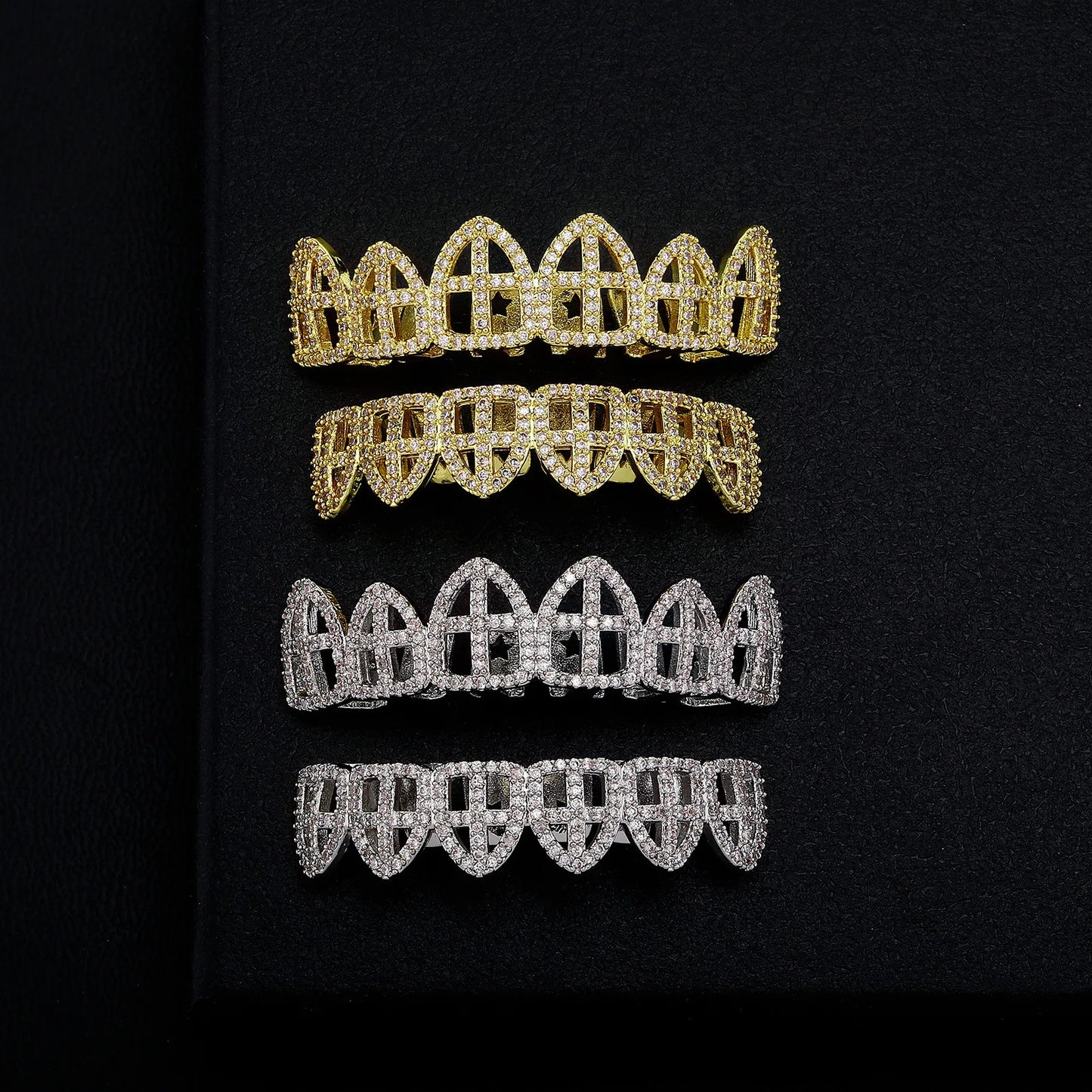 Hip Hop CZ Cross Teeth Grillz Caps Cubic Zircon Iced Out Micro Pave Top&Bottom Charm For Men Women Rapper Jewelry Xmas Gift