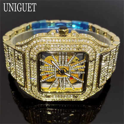 Top Luxury Gold Watch For Men Hip Hop Iced Diamond Square Quartz Wristwatches Fashion Hollow Waterproof Clocks Male Reloj 2025