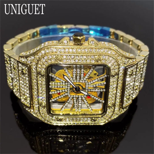 Top Luxury Gold Watch For Men Hip Hop Iced Diamond Square Quartz Wristwatches Fashion Hollow Waterproof Clocks Male Reloj 2025