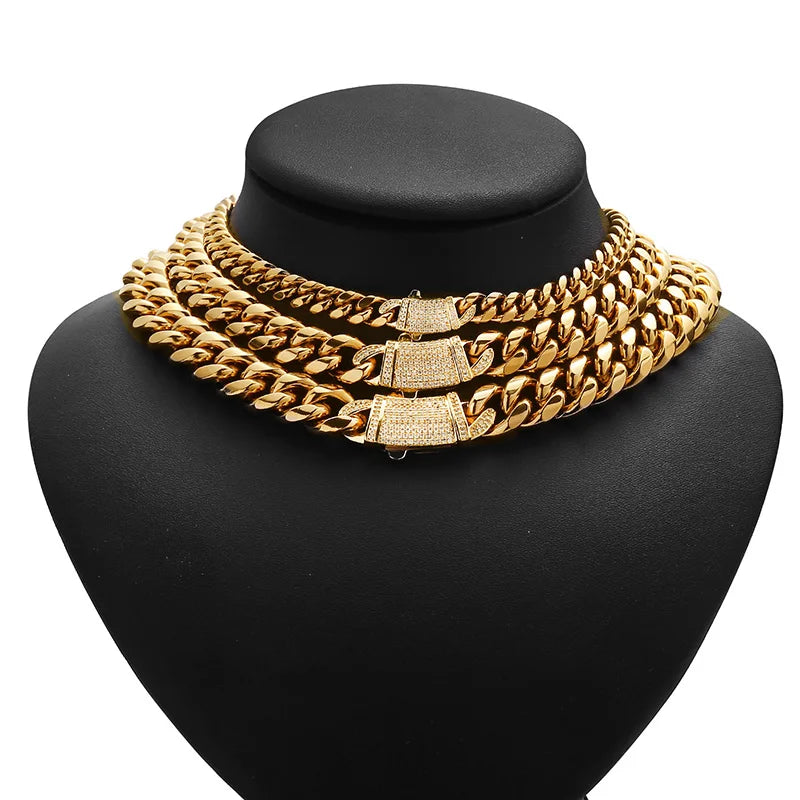 6-14mm Gold Color Stainless Steel Cuban Miami Chains Necklaces CZ Zircon Box Lock Link Chain for Men Hip Hop Rock jewelry
