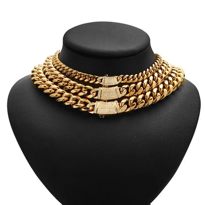 6-14mm Gold Color Stainless Steel Cuban Miami Chains Necklaces CZ Zircon Box Lock Link Chain for Men Hip Hop Rock jewelry