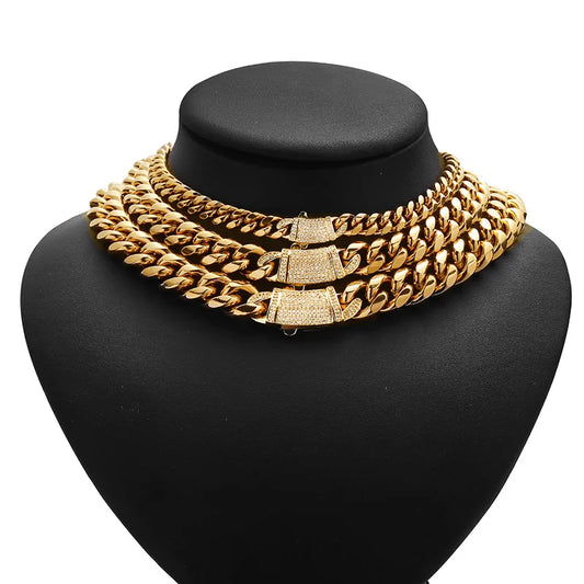 6-14mm Gold Color Stainless Steel Cuban Miami Chains Necklaces CZ Zircon Box Lock Link Chain for Men Hip Hop Rock jewelry