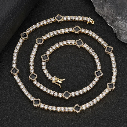 Hip Hop Ice Flower Tennis Clavicle Necklace New Cube Zirconia Brass