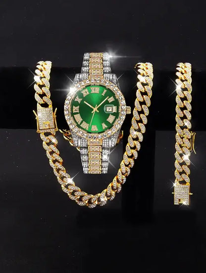 3PCS luxury alloy full diamond rhinestone mirror men's quartz watch