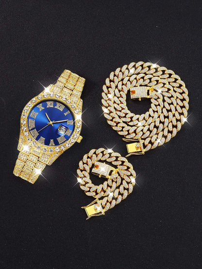 3PCS luxury alloy full diamond rhinestone mirror men's quartz watch