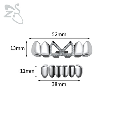 ZS 1 Set Hip Hop 18K Gold Plated Grillz Men Teeth Shiny CZ Crystal Cross Gap Grillz Colorful Zircon Top&Bottom Tooth Jewelry