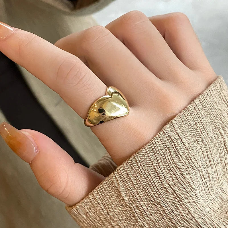 Stainless Steel Simple Smooth Metal Heart Rings For Women Men Y2K