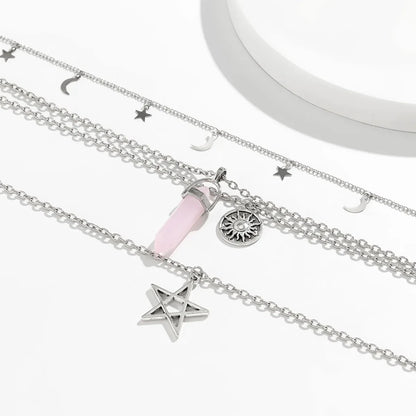 4Pcs Ethnic Pink Crystal Star Pentagram Pendant Choker Necklace for