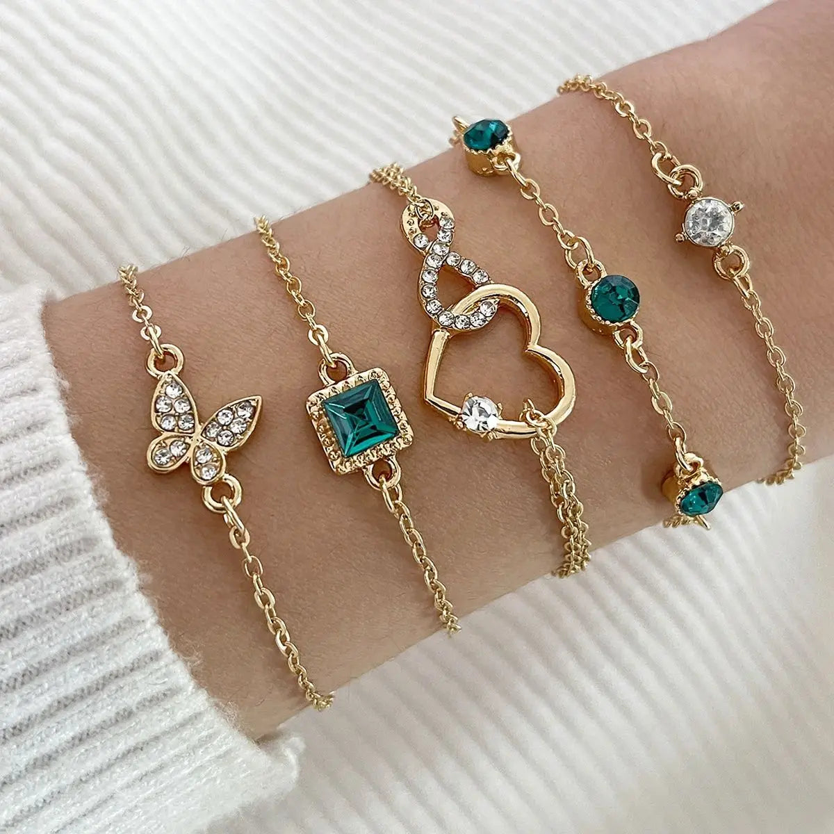 Bohemian 5pc Green Crystal Bracelets Jewelry Set For Women Heart Bracelet Wedding Engagement Bracelet Fashion Jewelry