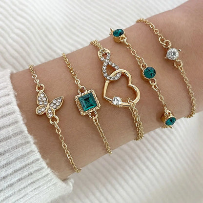 Bohemian 5pc Green Crystal Bracelets Jewelry Set For Women Heart Bracelet Wedding Engagement Bracelet Fashion Jewelry