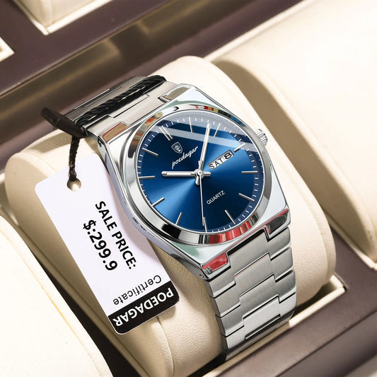 POEDAGAR Luxury Watches For Men Stainless Steel Waterproof Luminous Man Watch Date Week Fashion Casual Men's Quartz Watch Reloj