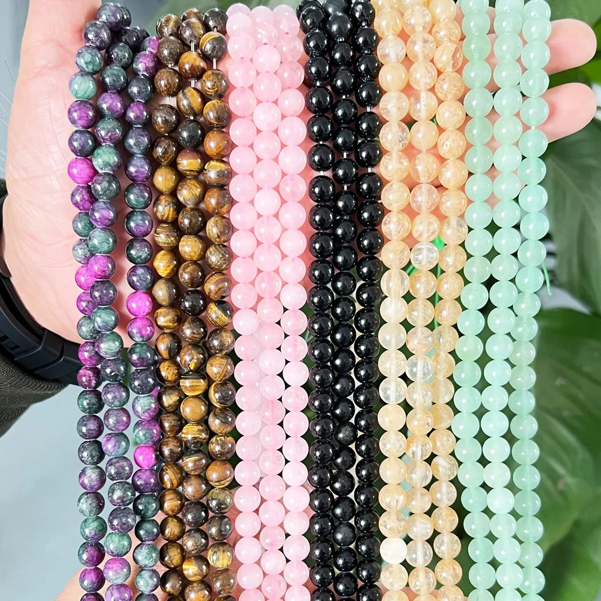 1 Strand 45pcs Natural Stone Rose Quartz Tiger Eye Black Obsidian