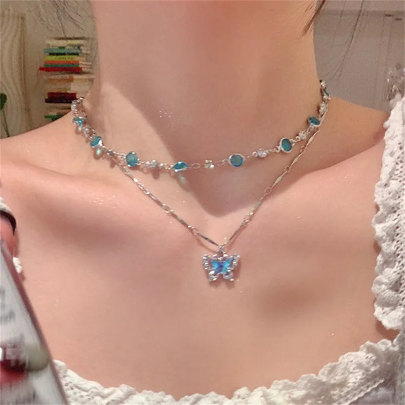 Romantic Blue Crystal Butterfly Pendant Necklace