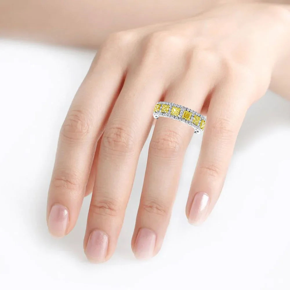 WUIHA Genuine 925 Sterling Silver Cushion Cut Fancy Yellow Sapphire Created Moissanite High Carbon Diamonds Ring for Women Gifts