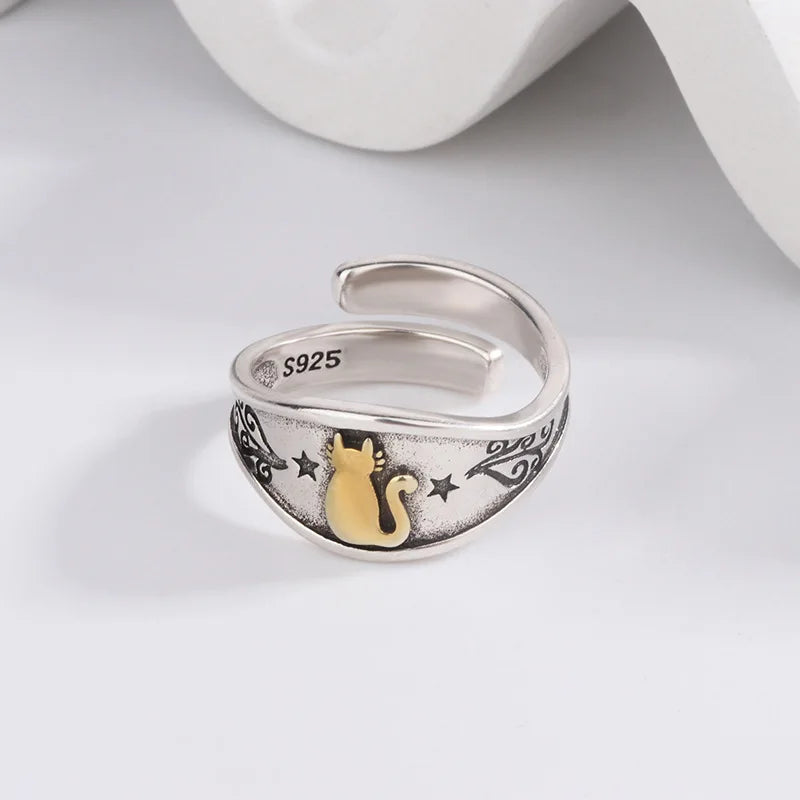 Sterling Silver Simple Punk Cat Rings For Women - Geometric Fashion Open Adjustable Handmade Party Jewelry Gift Allergy