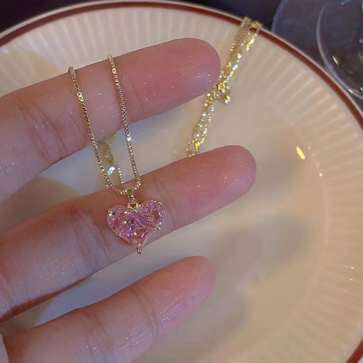 3pcs Trendy Y2k Heart-shaped Zircon Pink Crystal Pendant Earrings