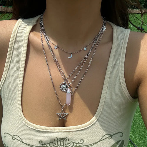 4Pcs Ethnic Pink Crystal Star Pentagram Pendant Choker Necklace for
