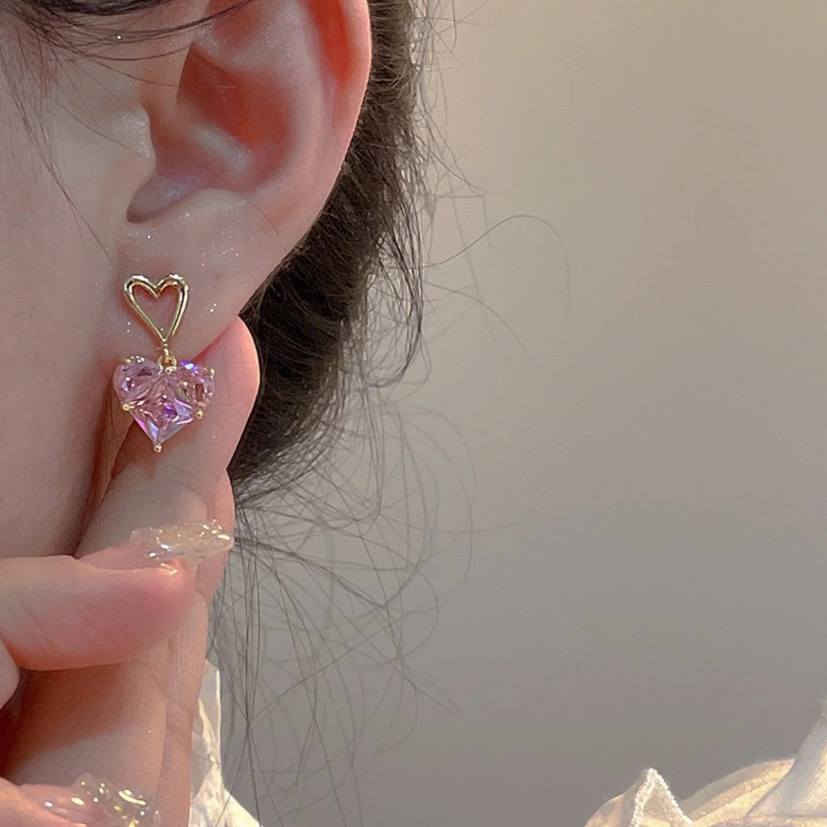 3pcs Trendy Y2k Heart-shaped Zircon Pink Crystal Pendant Earrings