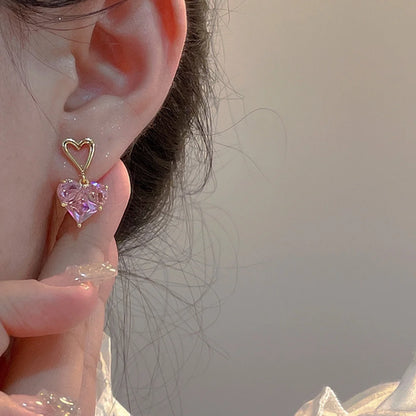 3pcs Trendy Y2k Heart-shaped Zircon Pink Crystal Pendant Earrings