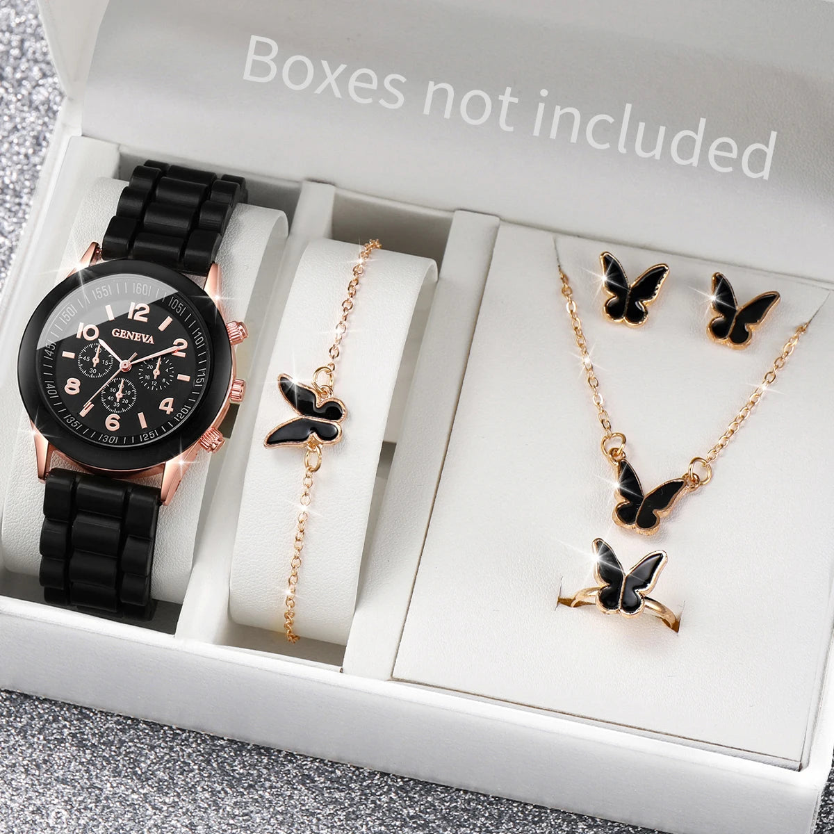 4pcs/set Geneva Fashion Silicone Band Women Quartz Watch & Heart Jewelry Set