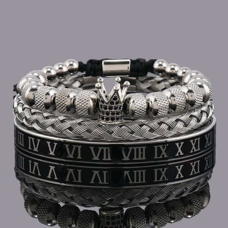 Luxury Set Crown Charms Man Bracelet Roman Stainless Steel Women Bangles Hand Jewelry Valentine's Day Gift