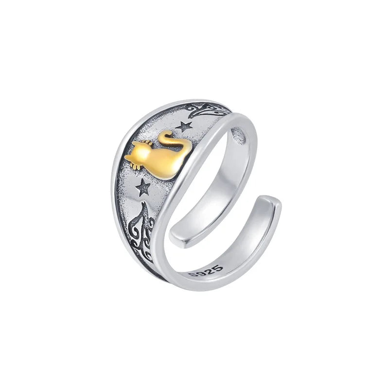 Sterling Silver Simple Punk Cat Rings For Women - Geometric Fashion Open Adjustable Handmade Party Jewelry Gift Allergy