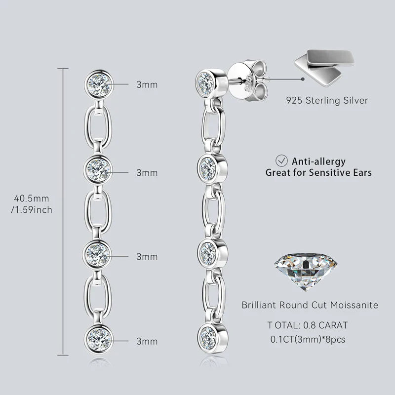 925 Sterling Silver 3mm Bezel Moissanite Long Tassel Drop Earrings