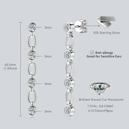 925 Sterling Silver 3mm Bezel Moissanite Long Tassel Drop Earrings