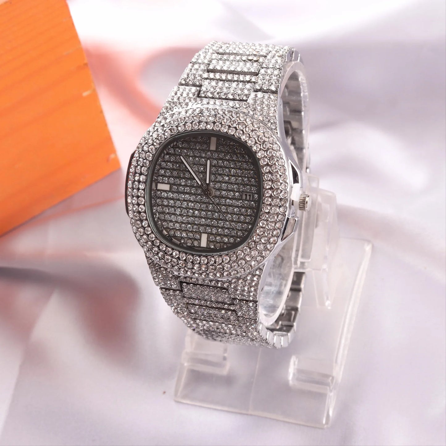 Golden Quartet Quartz Watch Stylish Square Full Sky Star Set Steel Band Diamond Calendar Men's Women's Wristwatch