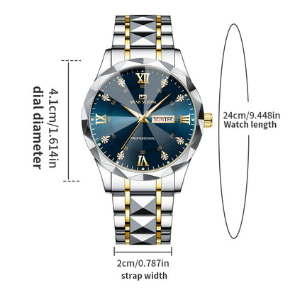Men Watch Water Diamond Luxury Night Glow Double Calendar Quartz Movement 41mm Blue Gold Stainless Steel Fashion Business Watch