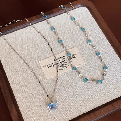 Romantic Blue Crystal Butterfly Pendant Necklace